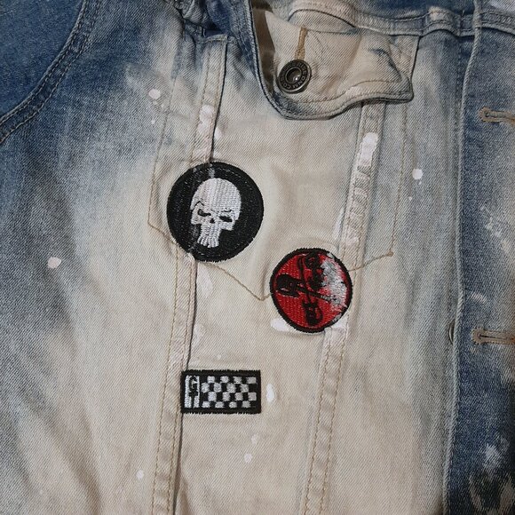 Smoke Rise DNM Co Men’s Denim Jacket XL Stone Wash Distressed Patches Slim Fit - Picture 7 of 11